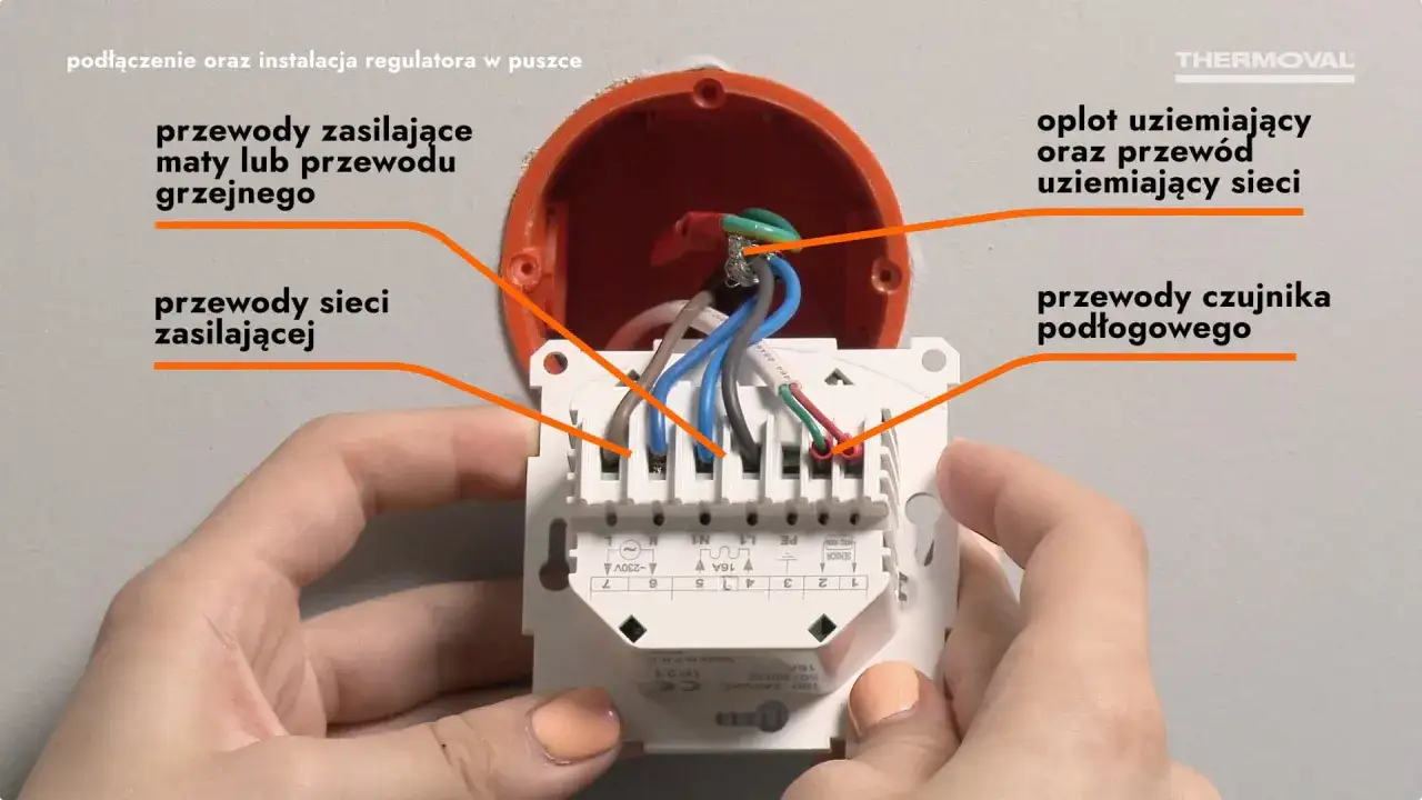 Instalacja sterowników do ogrzewania podłogowego: przewody zasilające, sieci, czujnika i uziemiające podłączone do regulatora.