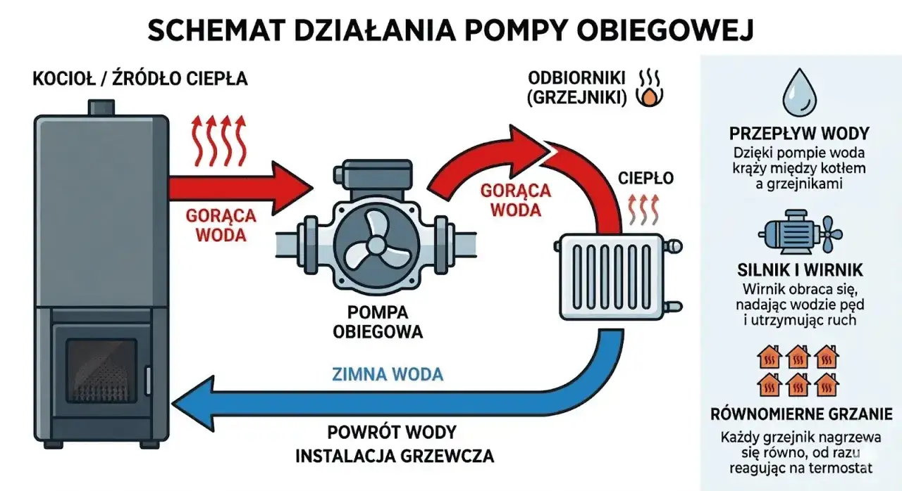 Schemat obiegu wody w ogrzewaniu: kocioł podgrzewa wodę, pompa obiegowa ją rozprowadza do grzejnik&oacute;w. Zapowietrzona pompa co objawy? Brak cyrkulacji.