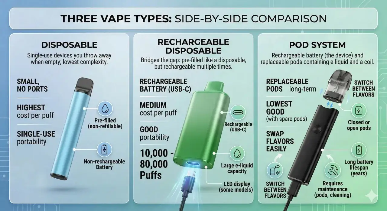 Comparativa de tres tipos de pods vape: desechables, recargables y sistemas de pods.