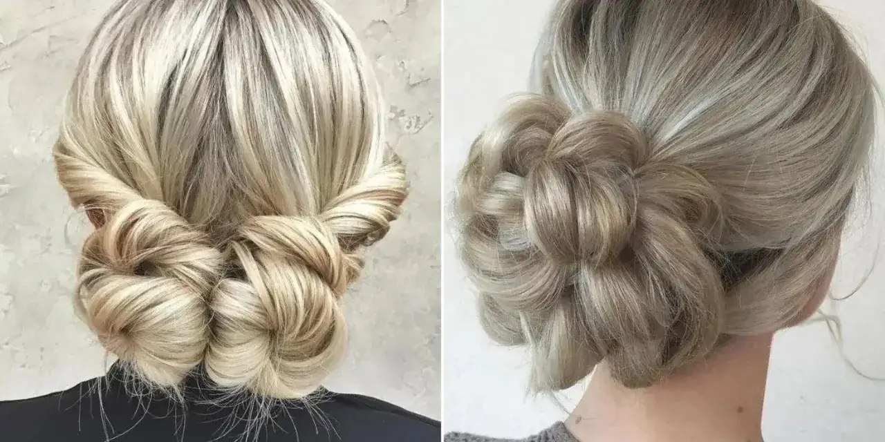 Dos peinados para dormir elegantes y prácticos: un moño trenzado doble y un moño floral tejido.