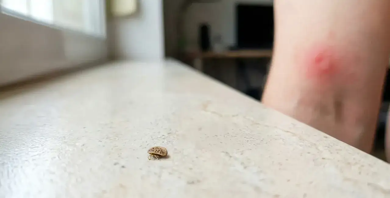 Mały kleszcz obrzeżek na blacie, w tle zaczerwienione miejsce na sk&oacute;rze po ugryzieniu.