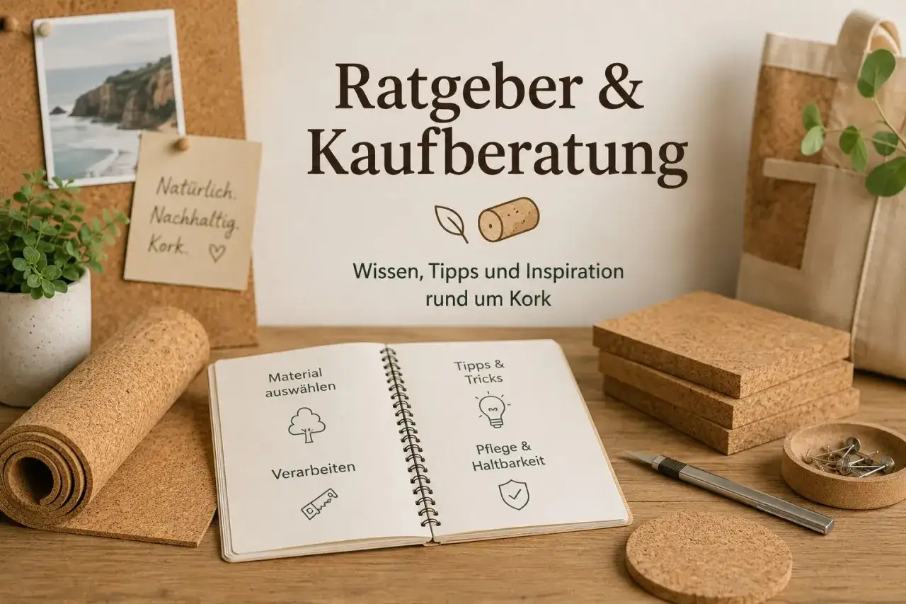 Ratgeber zu nachhaltigen Materialien wie Kork. Ein offenes Notizbuch zeigt Tipps zur Auswahl, Verarbeitung und Pflege von Kork.