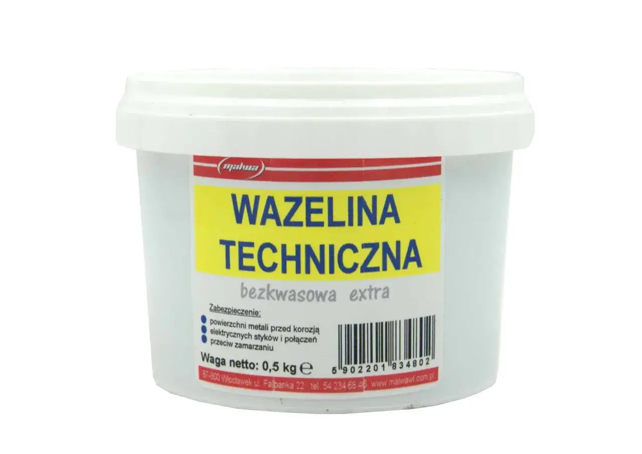 Wazelina techniczna Malwa chroni powierzchnie metalowe przed korozją i zamarzaniem. Pojemnik 0,5 kg.