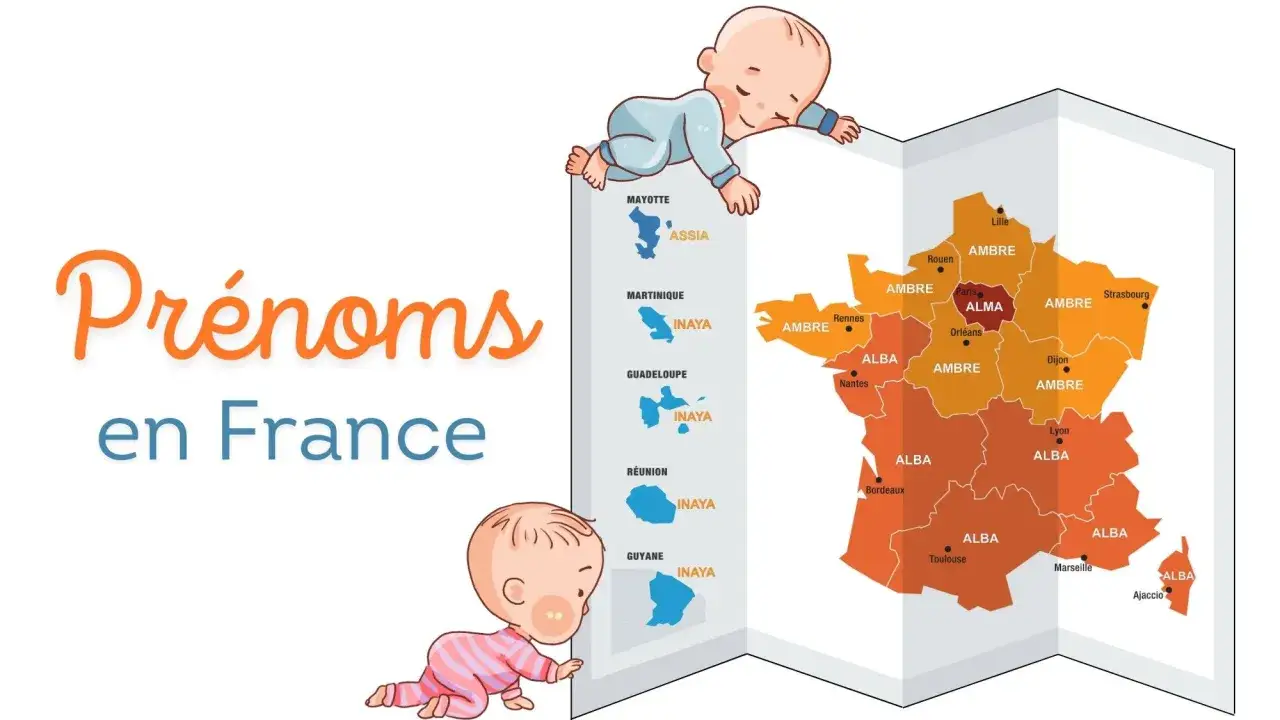 Carte des pr&eacute;noms en France. On y voit des pr&eacute;noms comme Alma, Ambre, Alba, Assia et Inaya, avec des b&eacute;b&eacute;s mignons.