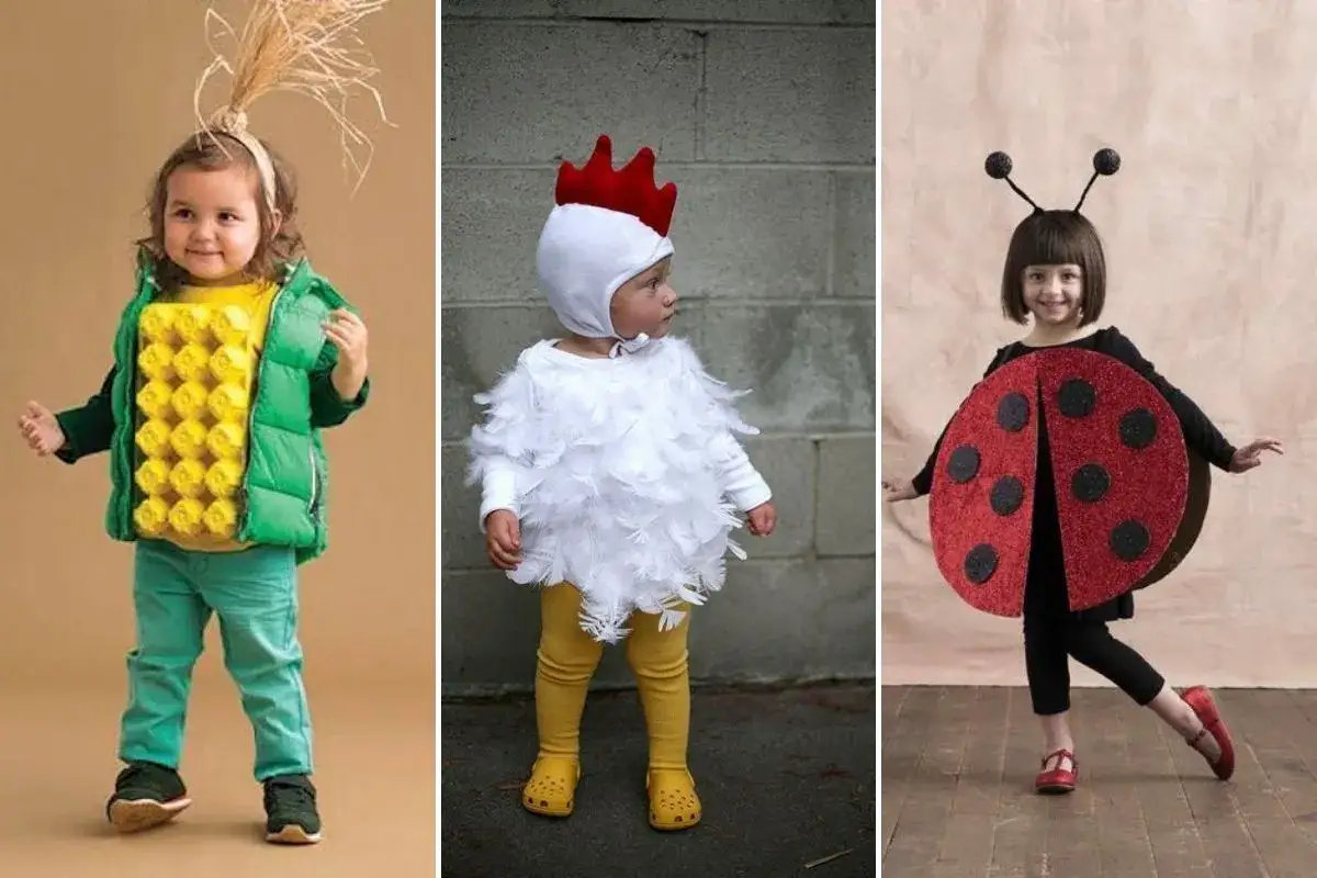 Ni&ntilde;os con disfraces creativos hechos con cosas de casa: un ni&ntilde;o como mazorca de ma&iacute;z, otro como pollito y una ni&ntilde;a como mariquita.