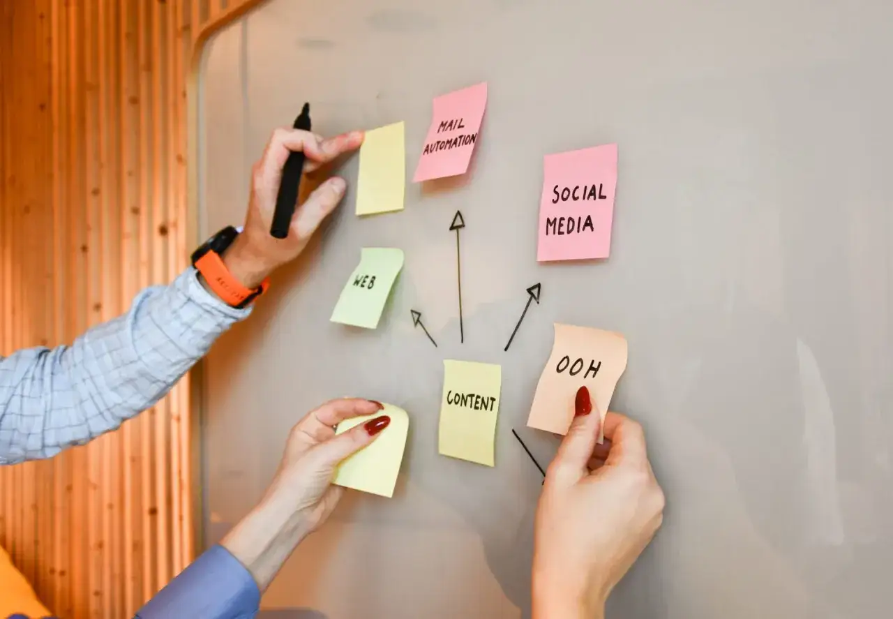 H&auml;nder placerar post-it-lappar med ord som 
