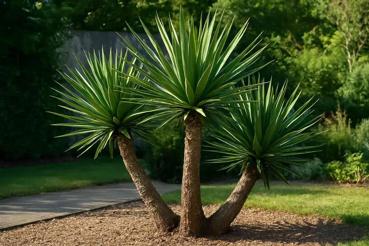 Drei St&auml;mme einer Yucca Palme ragen aus einem Beet mit Rindenmulch. Die gr&uuml;nen, spitzen Bl&auml;tter bilden buschige Kronen.