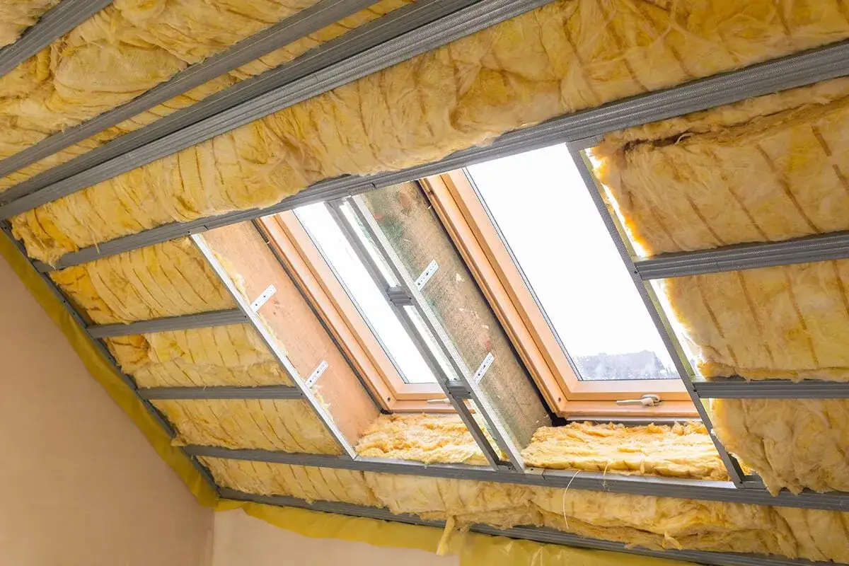 Isolation des combles en cours, avec laine de verre jaune et fenêtres de toit. Le prix de l'isolation des combles est un investissement pour le confort.