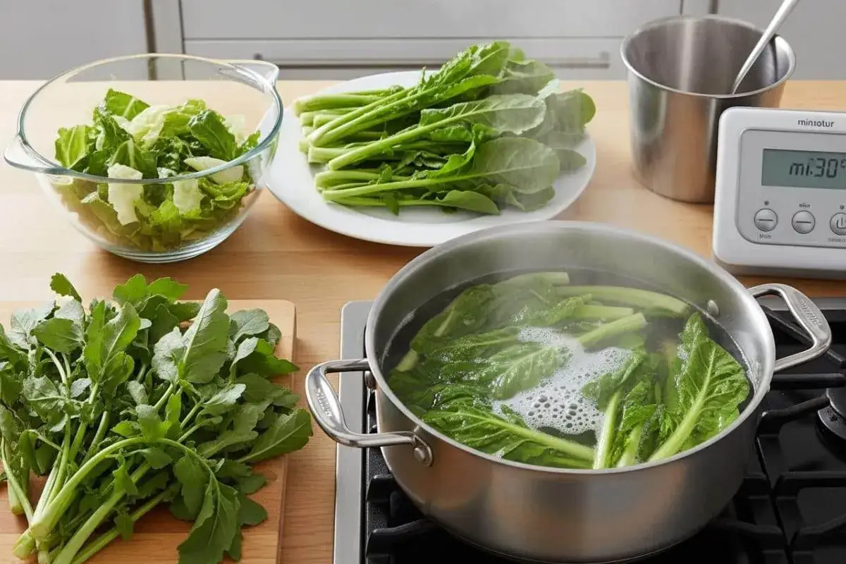 Pr&eacute;paration pour la cuisson d'&eacute;pinards frais. Des l&eacute;gumes verts bouillent dans une casserole, d'autres attendent sur une assiette et une planche &agrave; d&eacute;couper.
