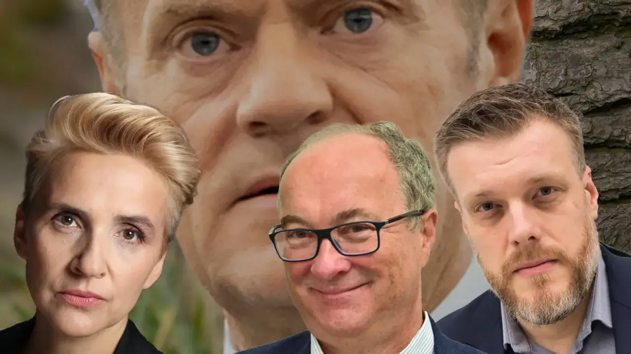 Twarze polityków na tle twarzy Tuska. Czy Tusk to lewica czy prawica? Dyskusja trwa.