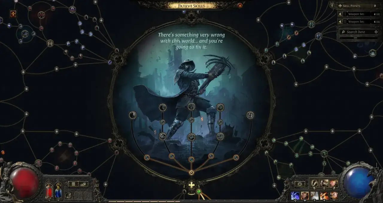 Drzewko umiejętności w Path of Exile 2. Postać z kuszą w mrocznym świecie.