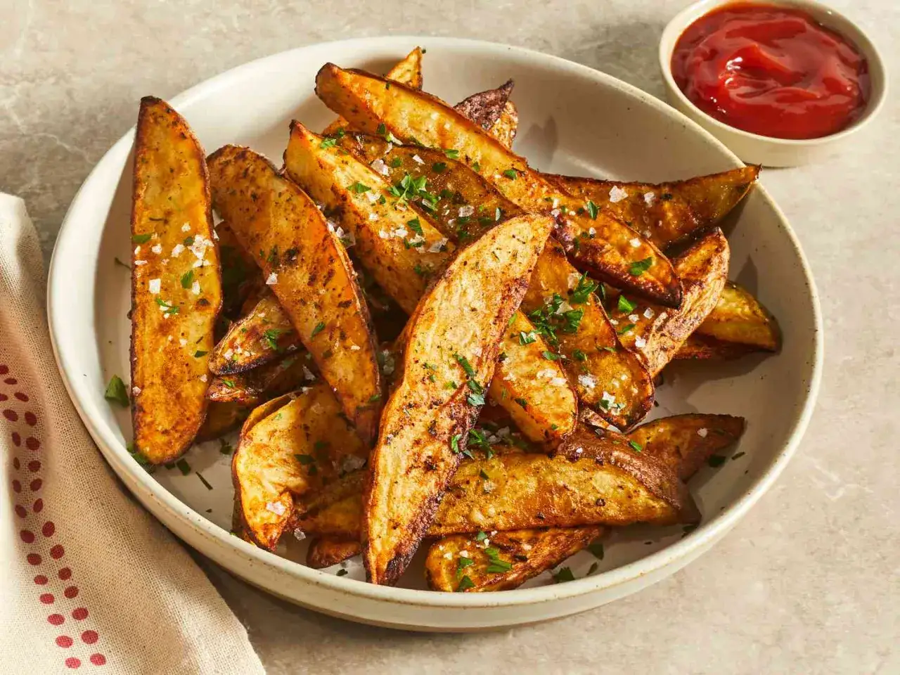 Krispiga potatis i airfryer, perfekt kryddade och toppade med persilja och flingsalt. En skål ketchup står redo för dippning.