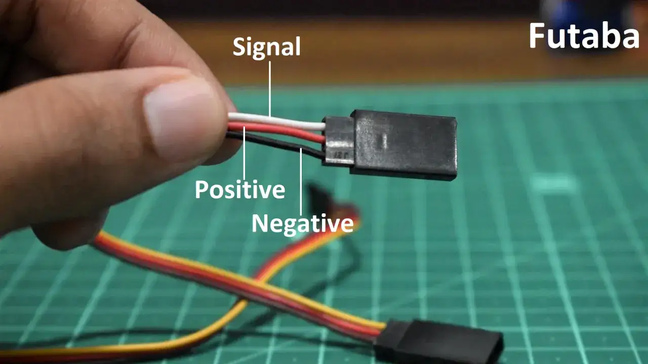 Ein Futaba servokabel mit den Leitungen Signal (weiß), Positive (rot) und Negative (schwarz) wird gezeigt.