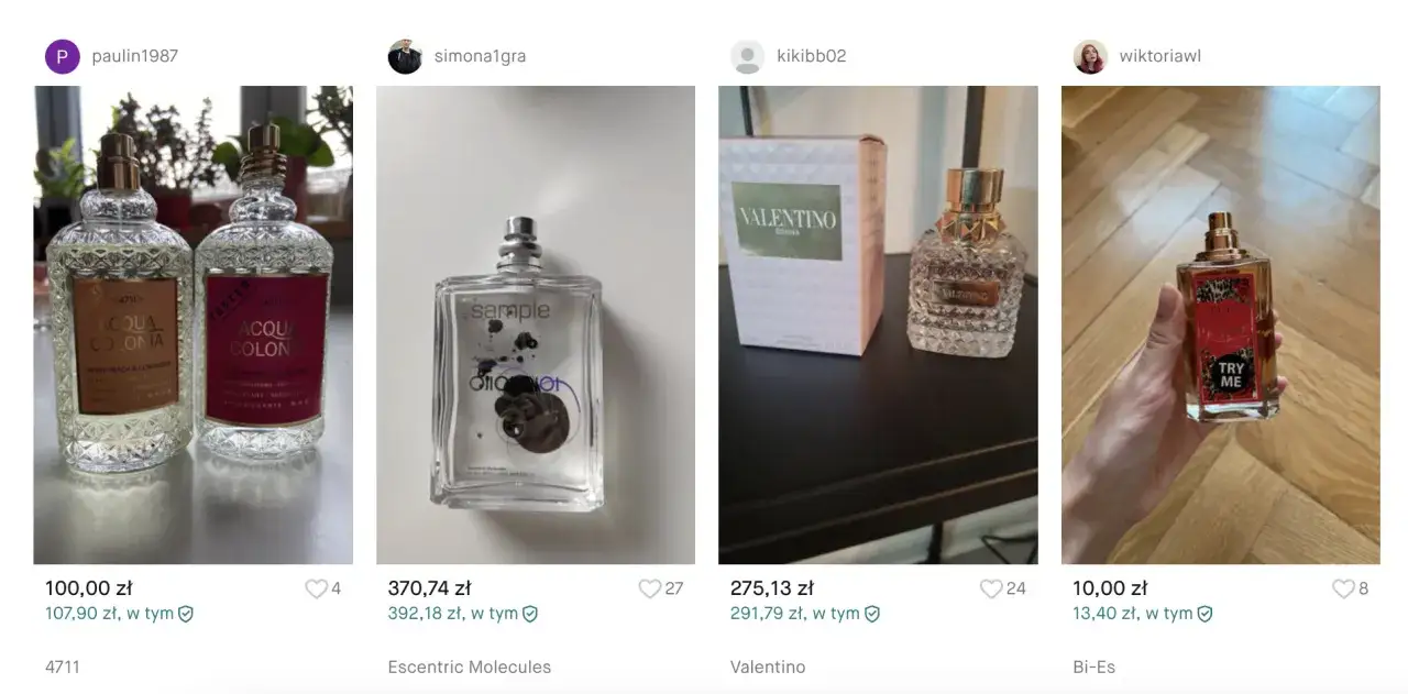 Czy warto kupić tester wody toaletowej? Na zdjęciu widać różne flakoniki perfum, w tym 4711 Acqua Colonia, Escentric Molecules, Valentino Donna i Bi-Es.