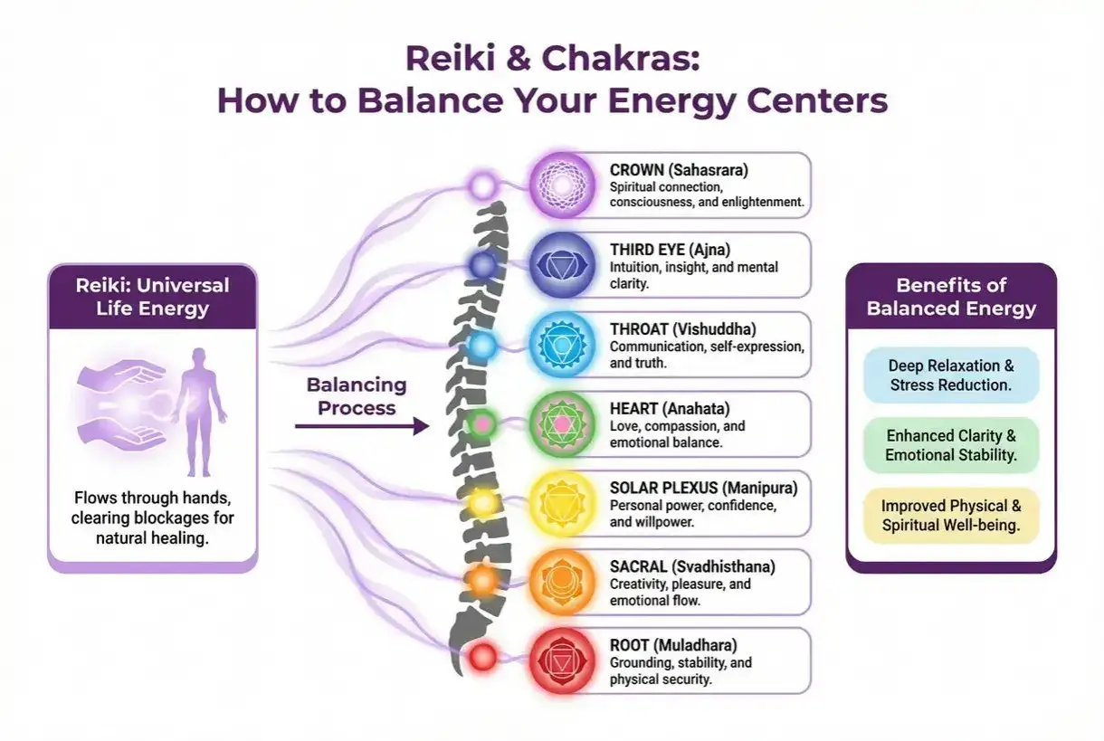 Reiki color chart showing chakras and their benefits. Learn how to balance your energy centers for deep relaxation and well-being.