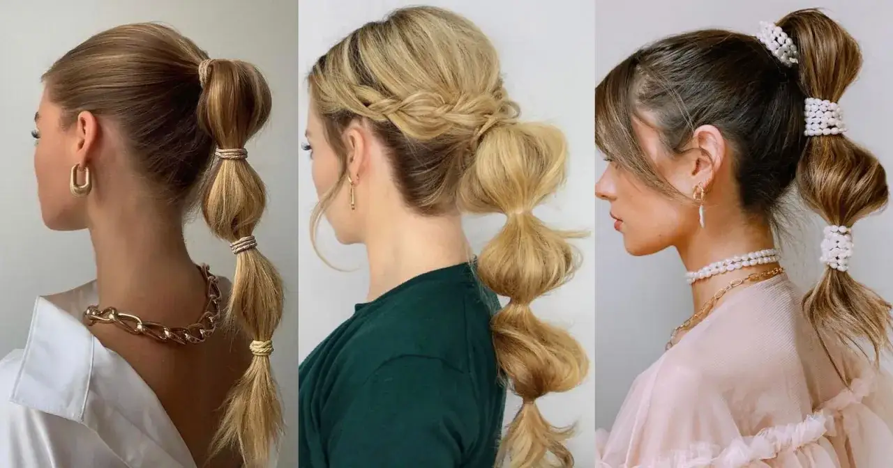 Tres estilos de coleta burbuja, una con accesorios dorados, otra con trenzas y la &uacute;ltima con perlas.