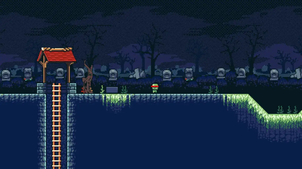 Ben y Ed, dos pequeños zombis, exploran un cementerio de noche. Una escalera desciende a un pozo oscuro.