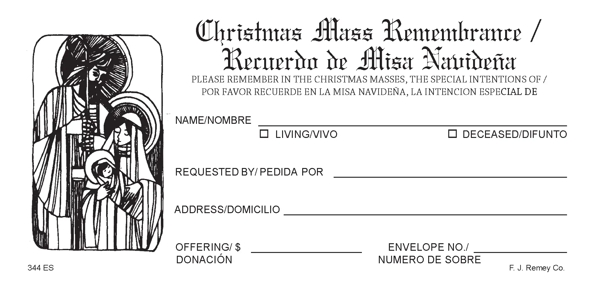 Christmas Mass Remembrance form for special intentions, featuring a Nativity scene illustration.