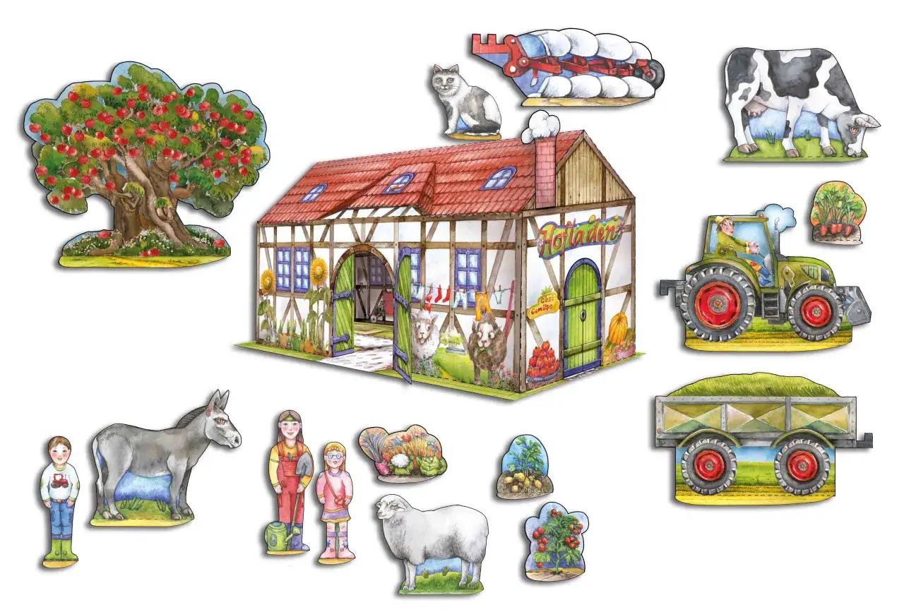 Bunte Bauernhof Bastelvorlagen mit Haus, Tieren, Traktor und Kindern. Perfekt f&uuml;r kleine Landwirte zum Spielen und Gestalten.