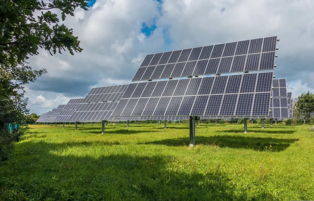 Rzędy paneli słonecznych na zielonej łące, zapewniające czystą energię dla wsi.