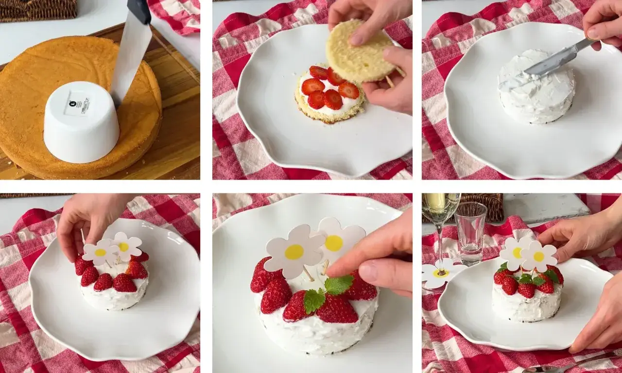 En liten jordgubbstårta med grädde och blomsterdekorationer, perfekt för midsommarfirande.