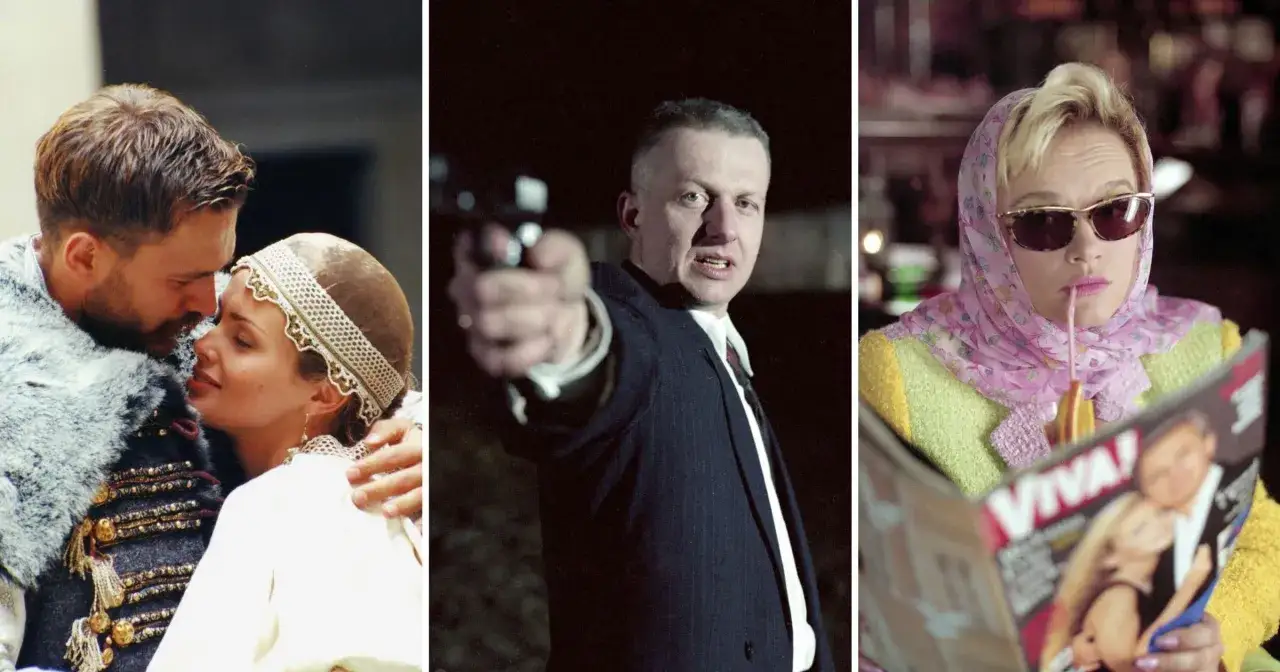 Trzy sceny z polskich filmów z lat 90.: para w strojach historycznych, mężczyzna z pistoletem i kobieta czytająca Viva.