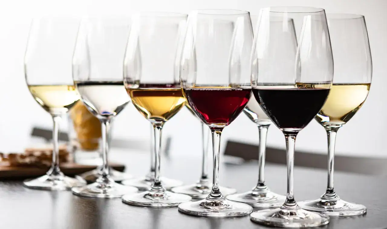 En provning av vin från vingården Hablingbo. Glas med vitt och rött vin står uppradade.