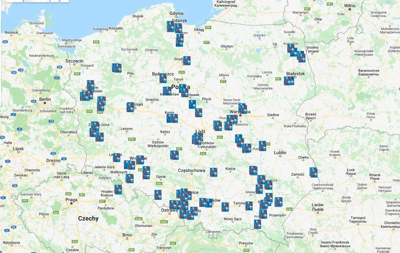 Mapa odcinkowych pomiarów prędkości A2 Polska