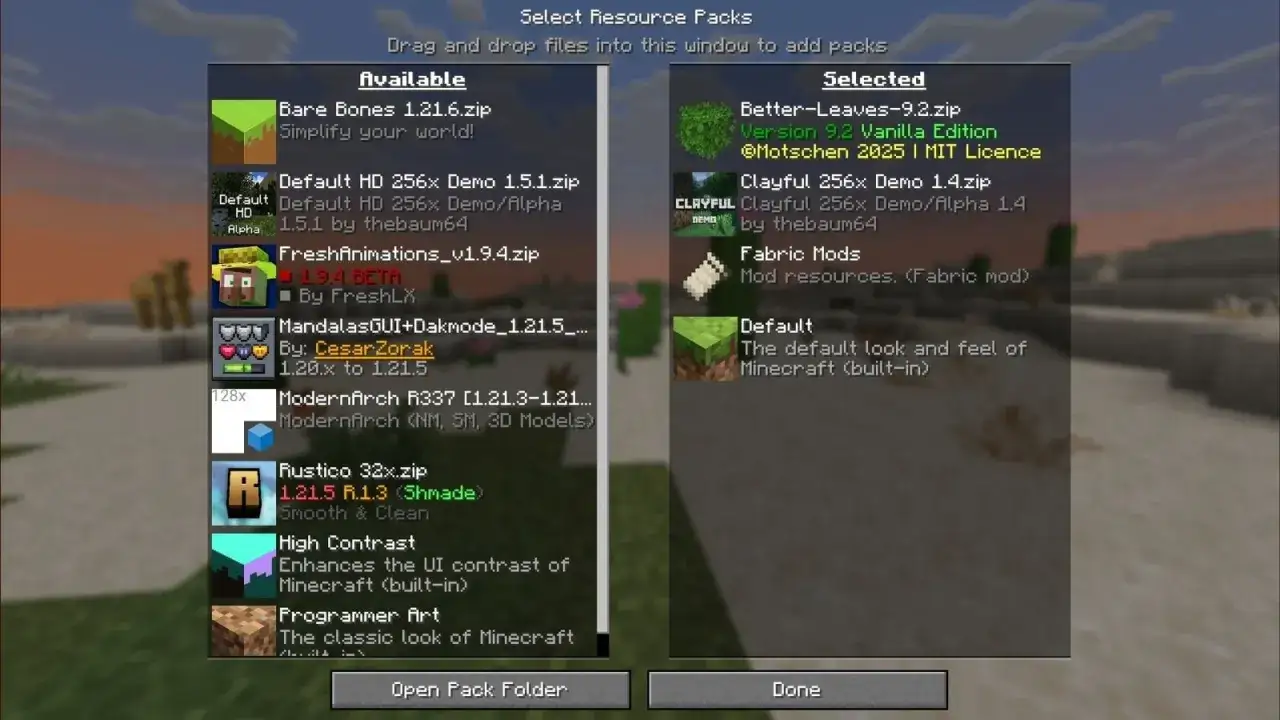 Ekran wyboru paczek zasobów w Minecraft. Dowiedz się, jak pobrać texture pack do Minecraft, przeciągając pliki do okna.