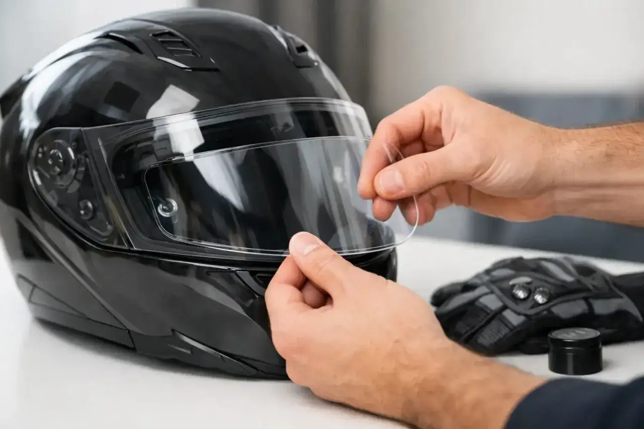 Man installing a pinlock on a black motorcycle helmet visor.
