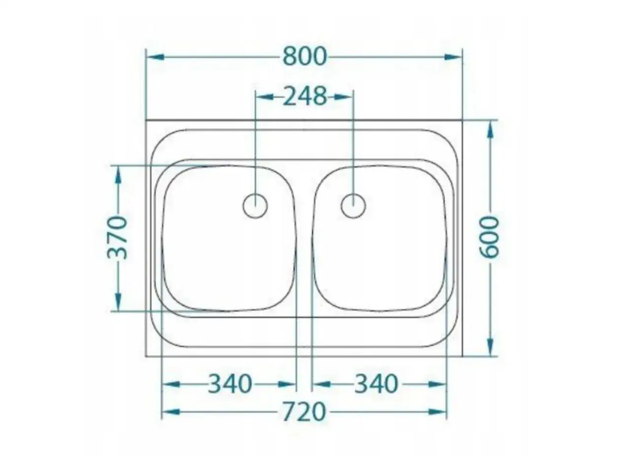 Schemat zlew dwukomorowy wymiary: 800x600 mm, komory 340x370 mm.