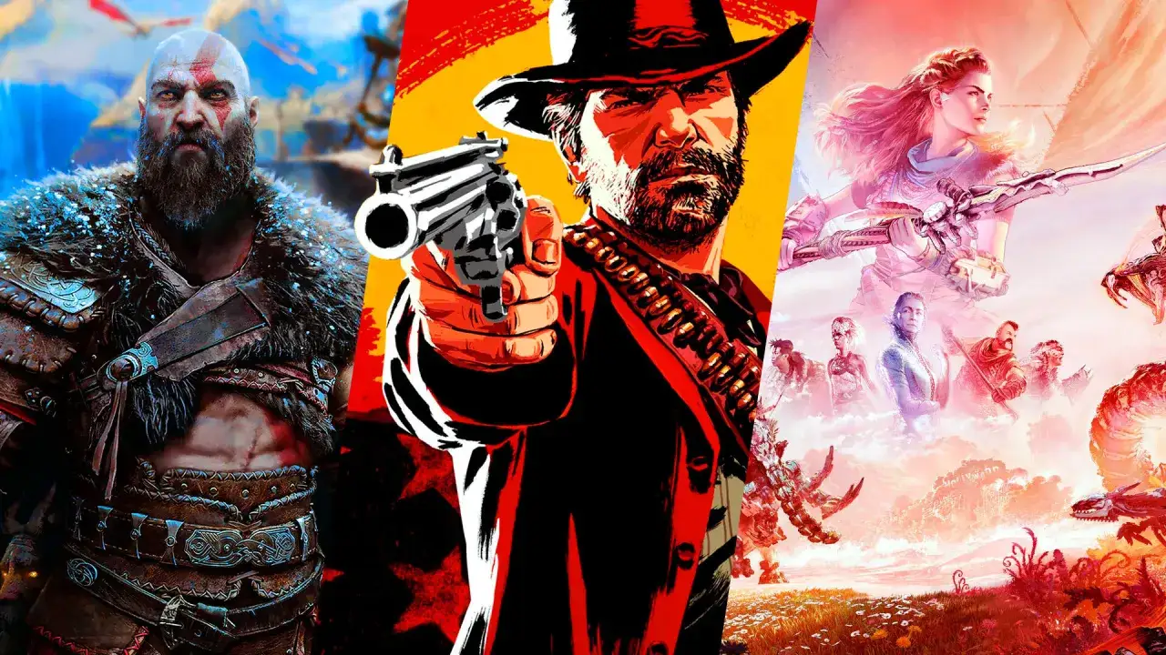 Kratos, un pistolero del oeste y Aloy de Horizon, en un collage de juegos con mejores gr&aacute;ficos.
