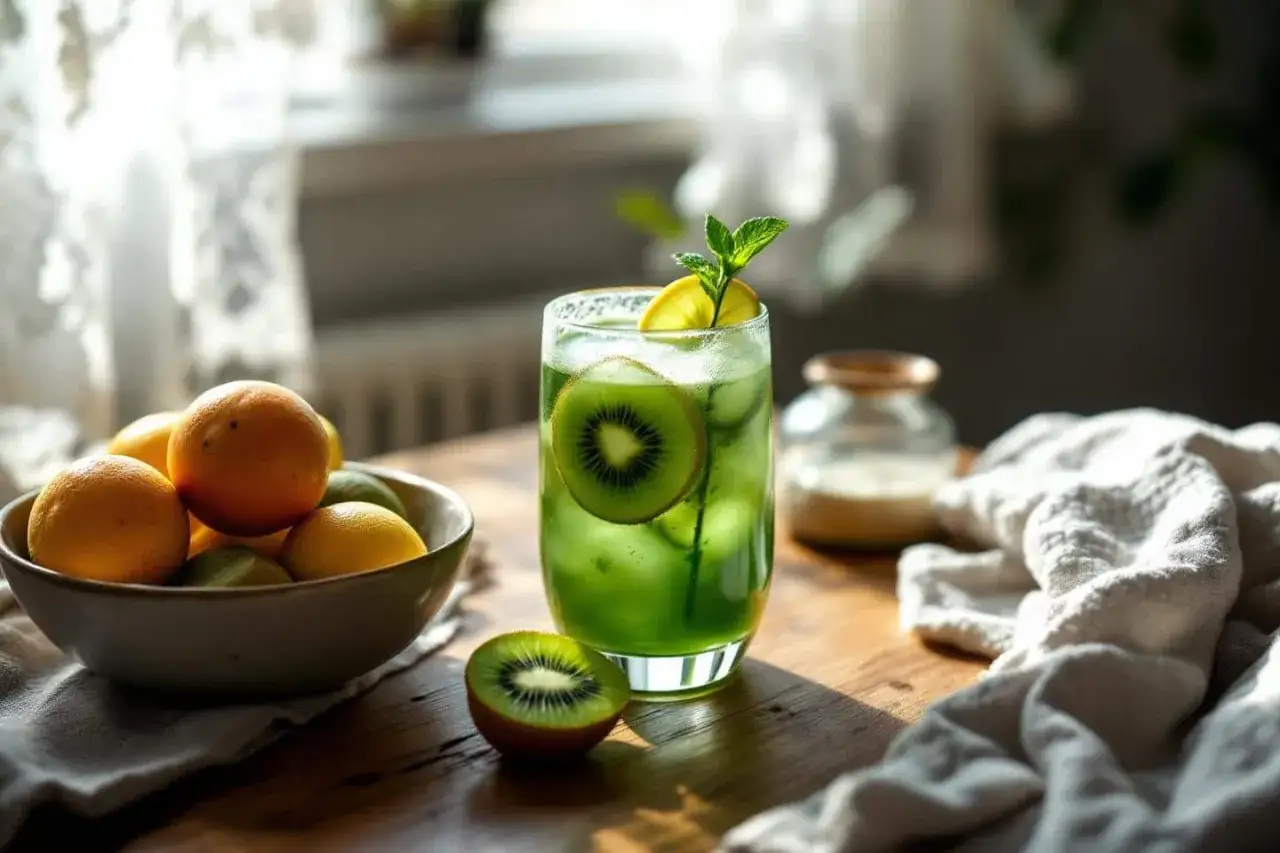 Verre de boisson verte rafraîchissante avec rondelles de kiwi, menthe et citron. Le **spiruline goût** est subtil, se mêlant aux fruits frais.