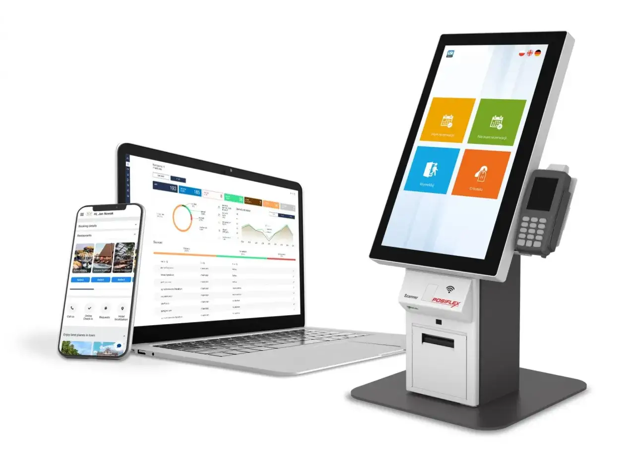 System do zarządzania rezerwacjami hotelowymi: laptop, smartfon i kiosk. Ułatwia direct booking i obsługę gości.