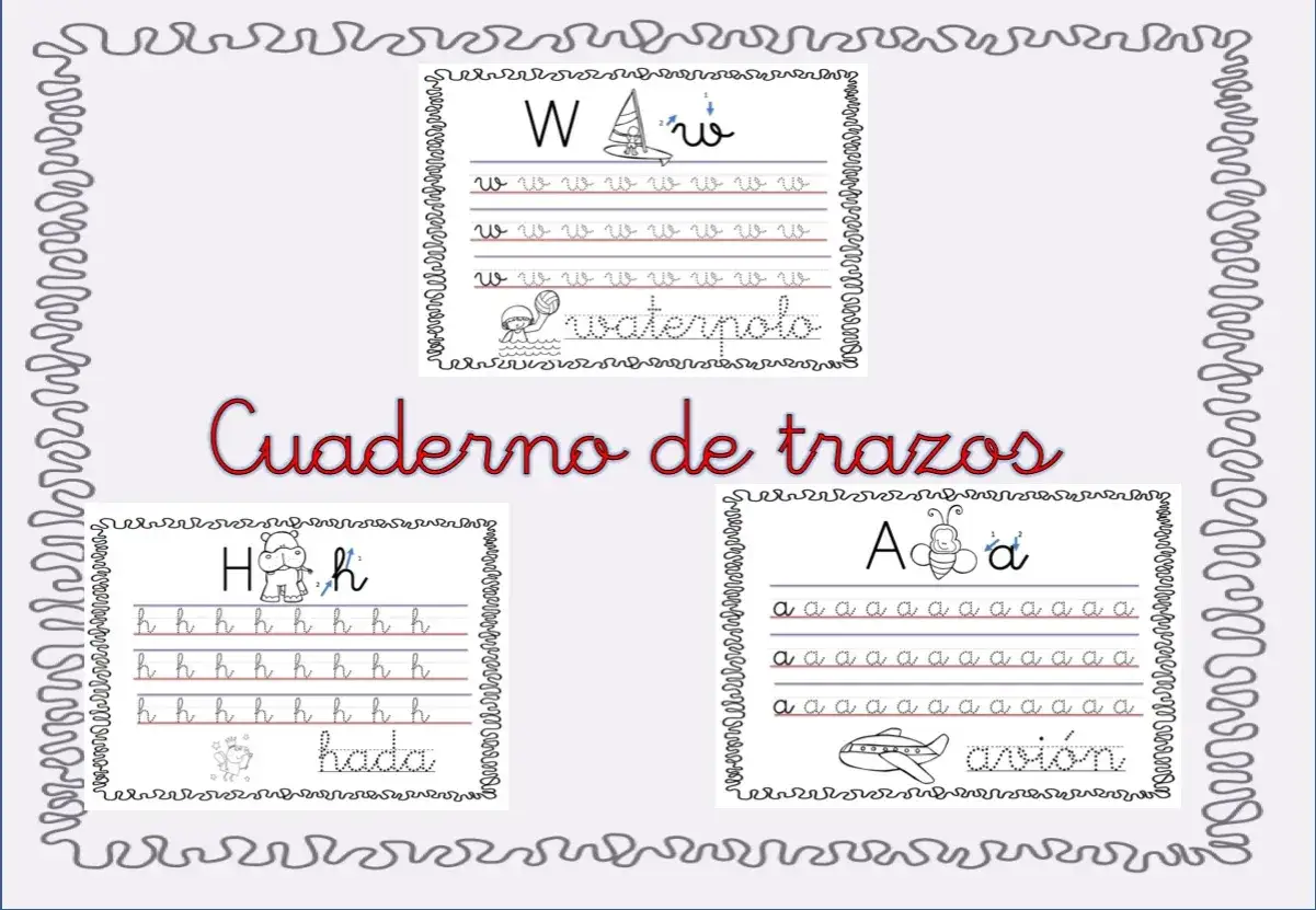 Cuaderno de trazos para grafomotricidad de letras. Ejercicios para practicar la escritura de las letras W, H y A, con dibujos de waterpolo, hada y avi&oacute;n.