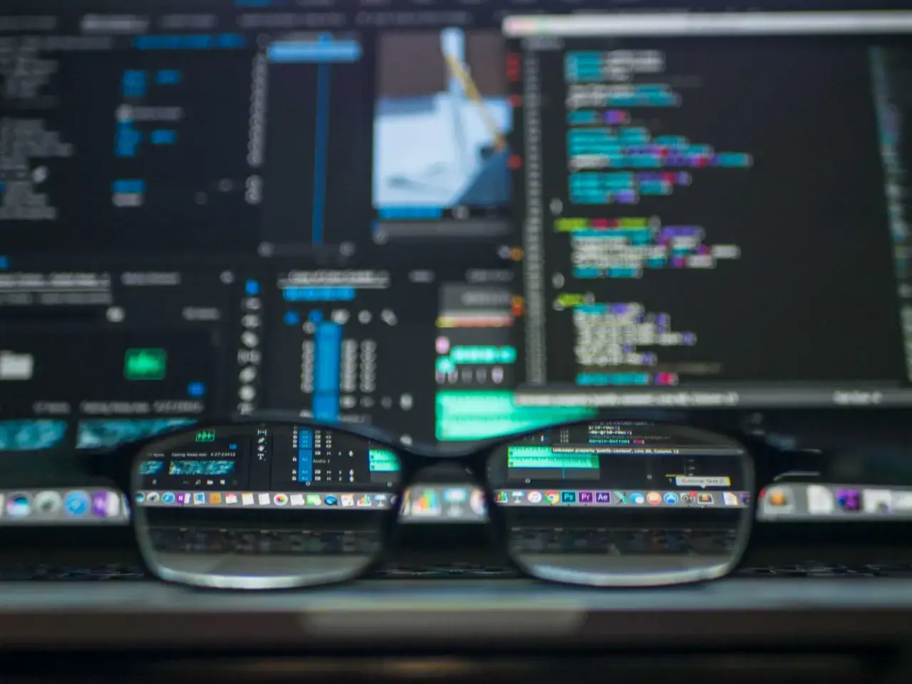 Okulary odbijają ekran z kodem i ikonami programów. Widać pracę testera oprogramowania.