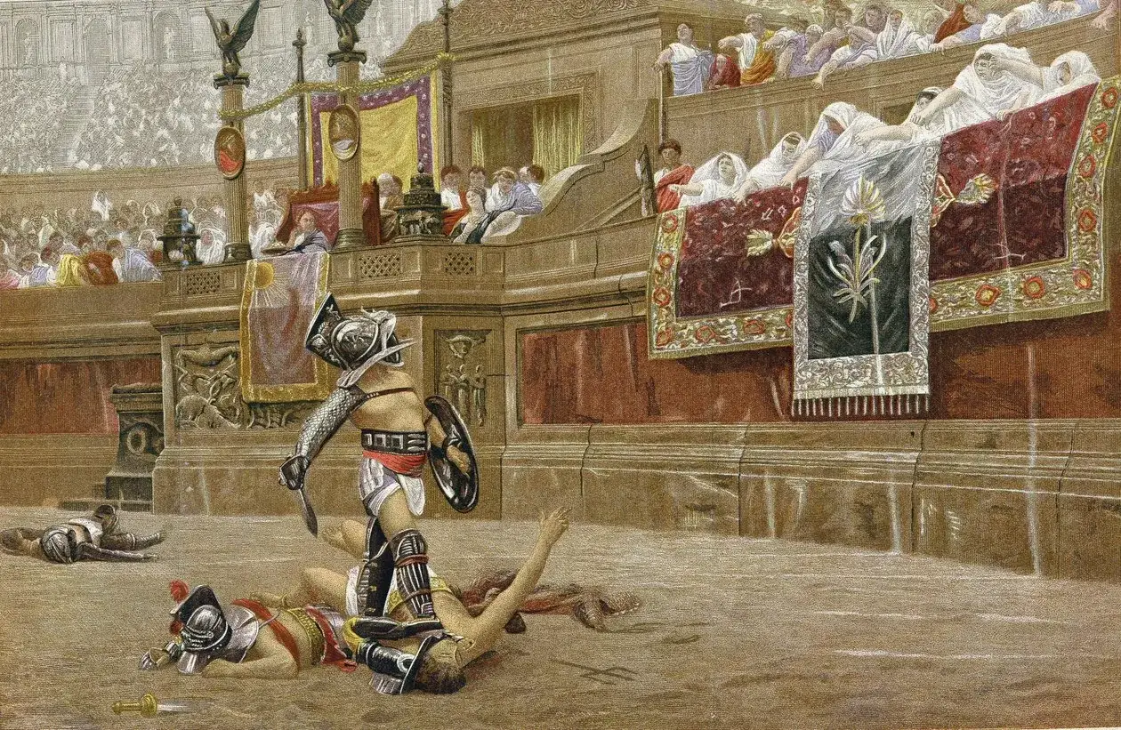 Ein Gladiatorenkampf im antiken Rom. Ein Sieger steht &uuml;ber gefallenen Gegnern, w&auml;hrend Zuschauer auf den Trib&uuml;nen das Spektakel verfolgen.