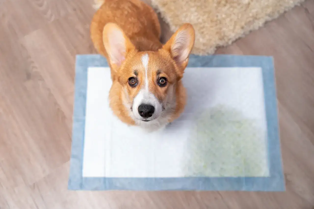 Uroczy szczeniak corgi siedzi na macie treningowej, ucząc się, jak szkolić szczeniaka do zewnętrznych potrzeb.