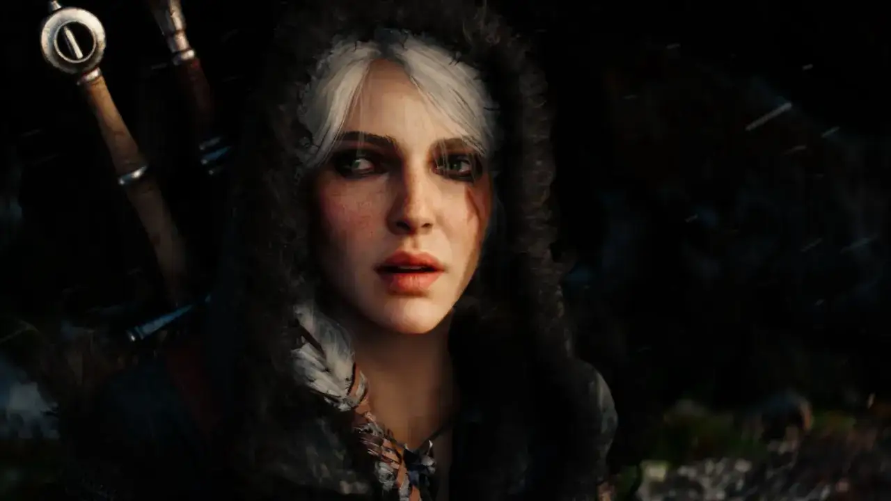 Ciri, bereit für neue Abenteuer in The Witcher IV. Ihre Augen leuchten, während Schneeflocken um sie tanzen.
