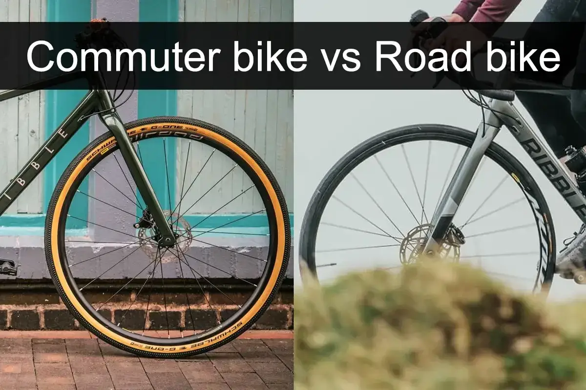 Split image comparing a commuter bike with tan tires to a road bike with slick tires.