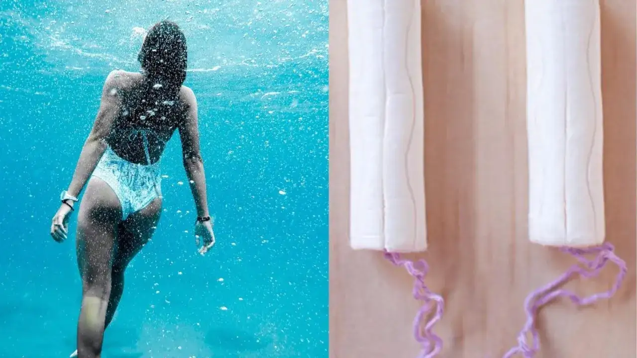 Mujer nadando bajo el agua, libre y sin preocupaciones. La regla se corta con el agua, permitiendo disfrutar de la vida.