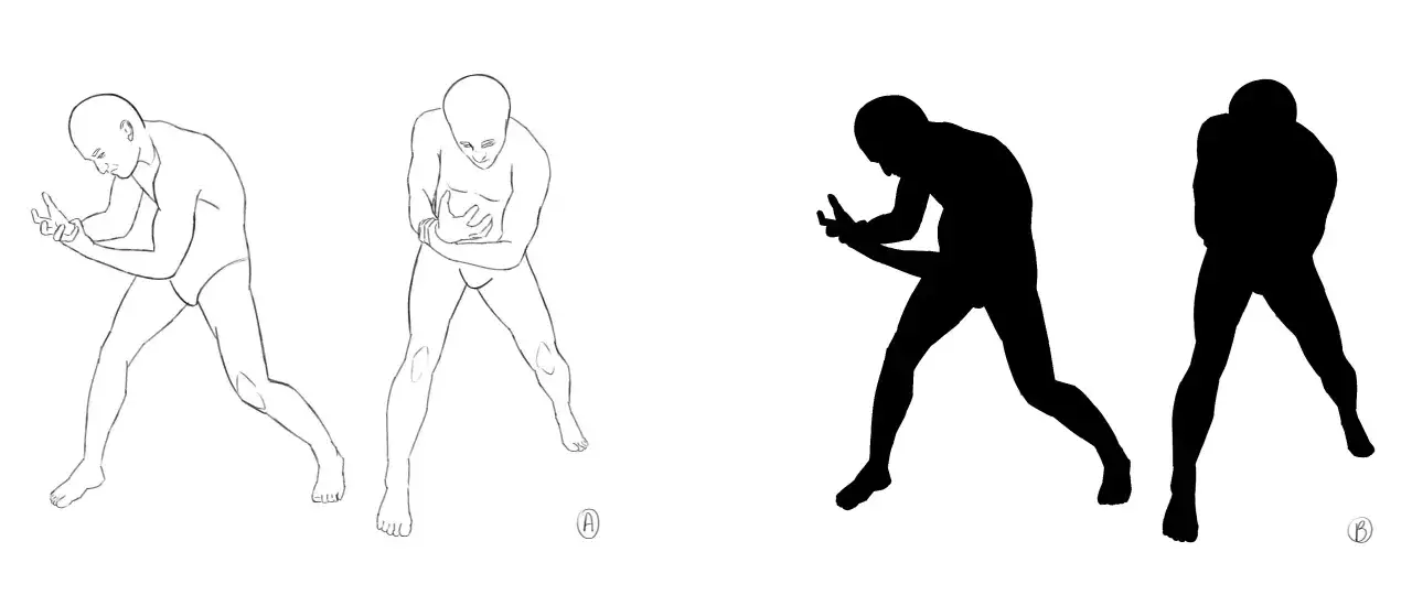 Deux croquis d'une silhouette d'homme en mouvement, l'un en traits fins, l'autre en noir plein. Un dessin silhouette facile pour l'étude des poses.