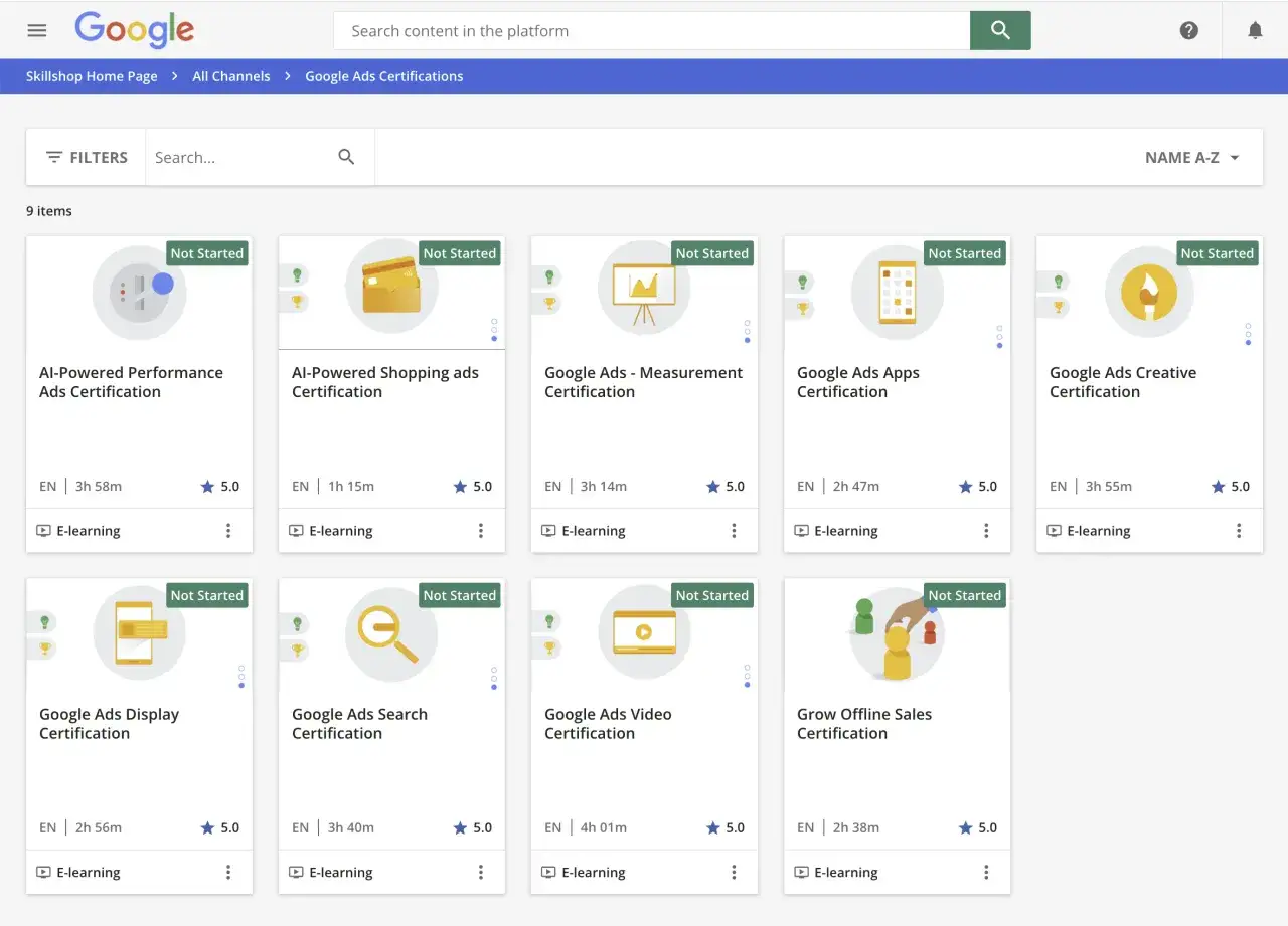 Page de certifications Google Ads. Diverses formations disponibles, comme 