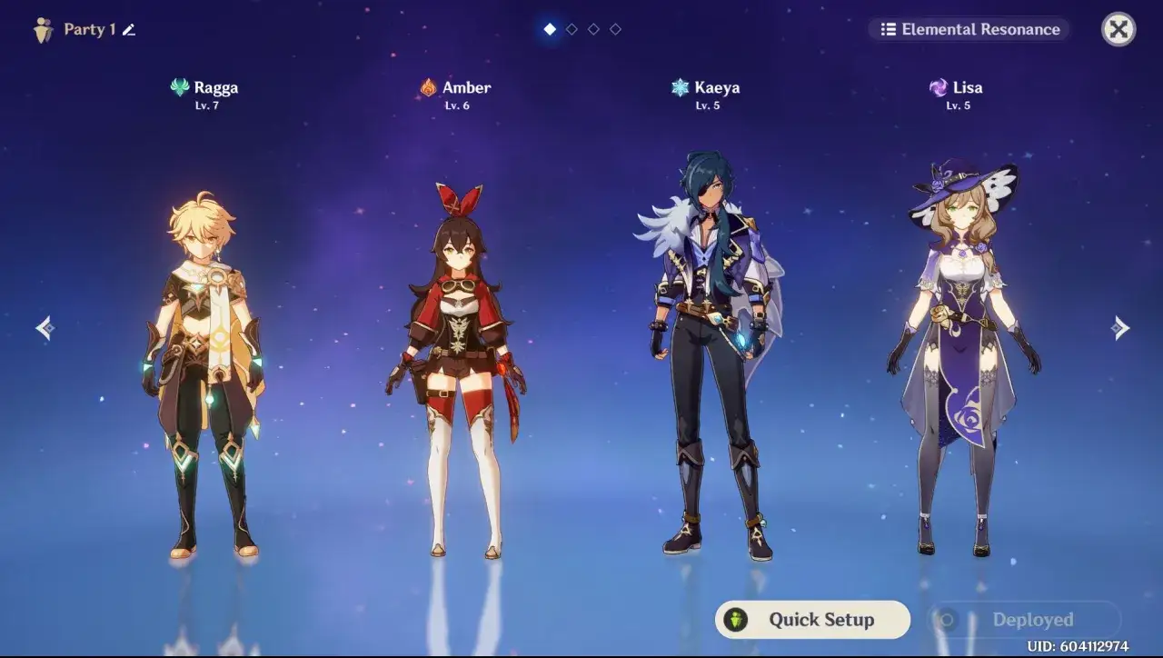 Postać podr&oacute;żnika i jego drużyna: Amber, Kaeya, Lisa. Gra Genshin Impact na PS4.