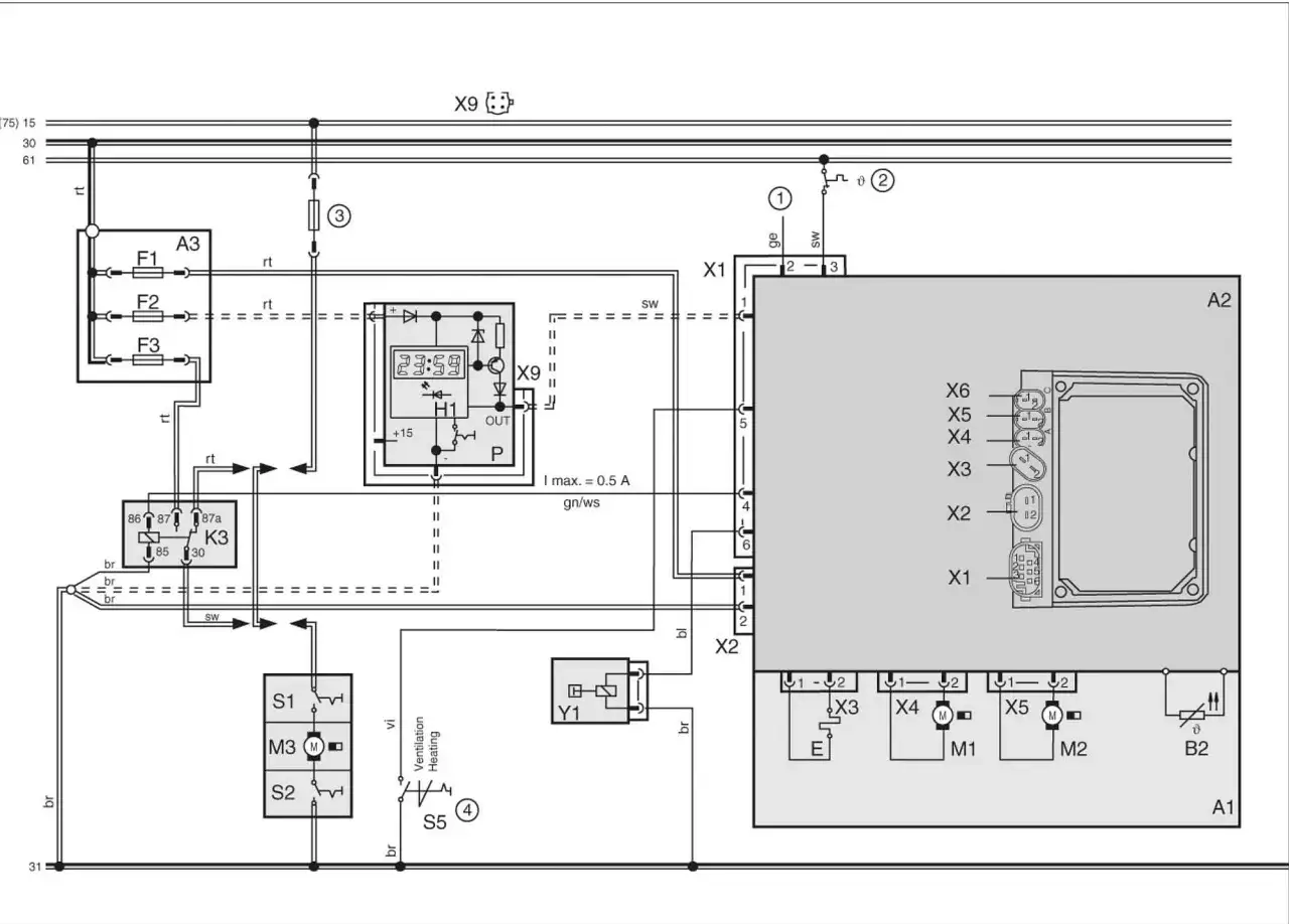 Schemat elektryczny ogrzewania postojowego. Dowiedz się, webasto co to jest i jak działa, analizując połączenia przekaźników, bezpieczników i sterownika.
