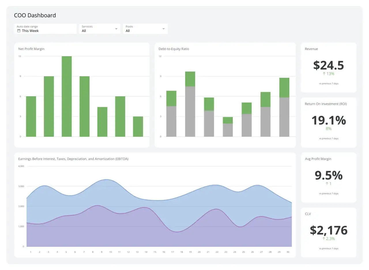COO Dashboard showing Net Profit Margin, Debt-to-Equity Ratio, Revenue, ROI, Avg Profit Margin, and CLV, all key metrics for understanding unit economics.