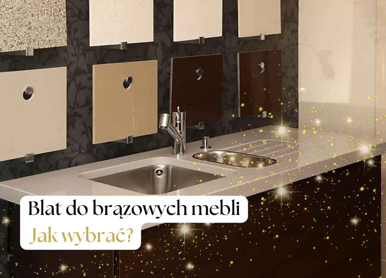 Pr&oacute;bki blat&oacute;w kuchennych w r&oacute;żnych odcieniach, od jasnych po brązowe, prezentowane obok zlewu. Jaki blat do brązowych mebli kuchennych wybrać, by stworzyć harmonijną całość?