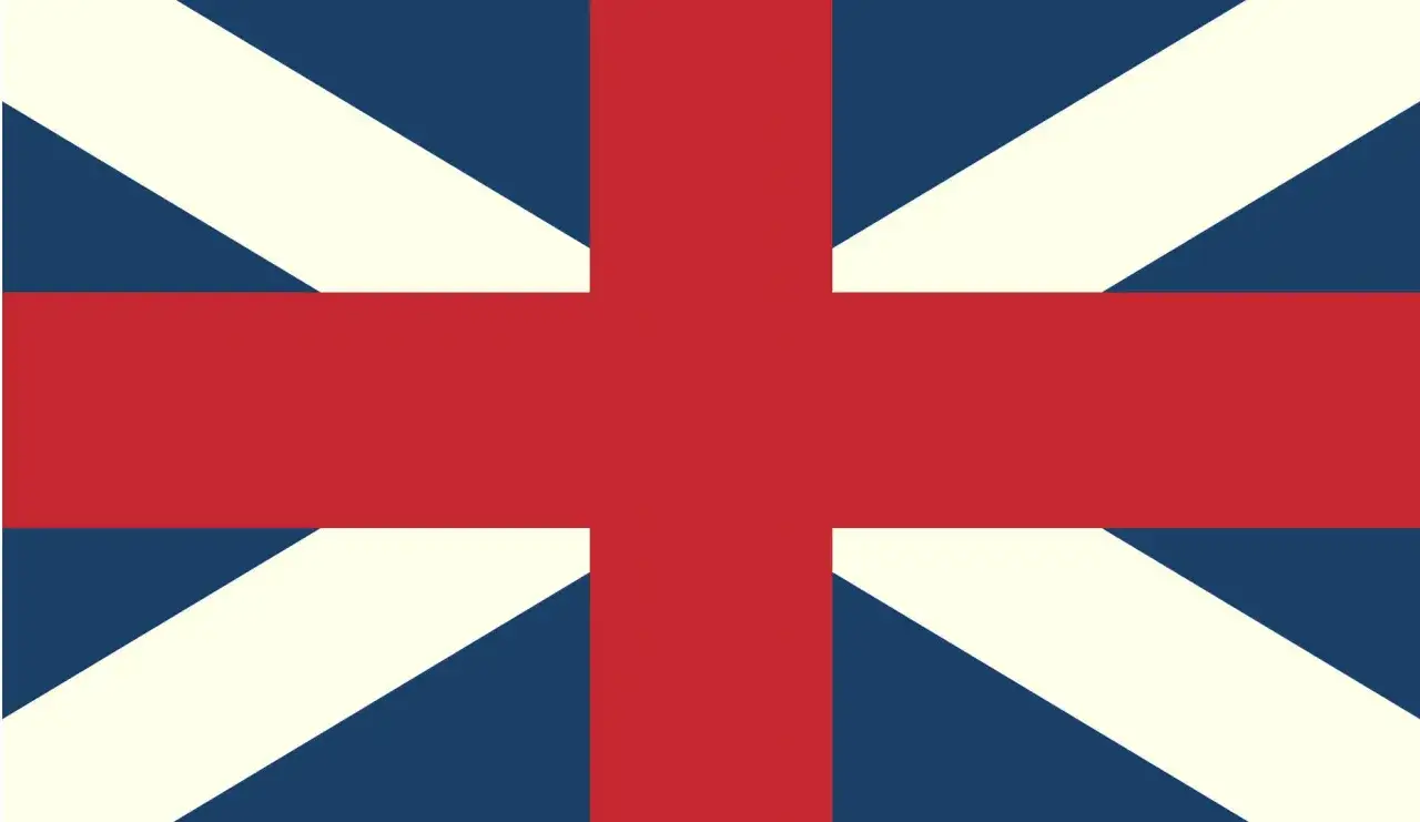 Flaga Anglii, znana też jako Union Jack, z czerwonym krzyżem św. Jerzego na białym tle, otoczonym ukośnymi krzyżami św. Andrzeja i św. Patryka.