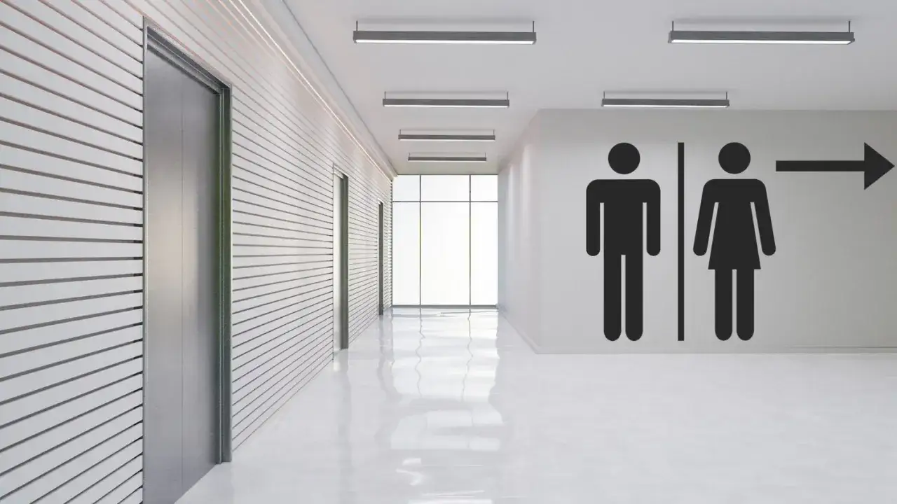 Couloir moderne avec ascenseur et signalisation des toilettes. Un petit pause toilette s'impose, conformément au code du travail.