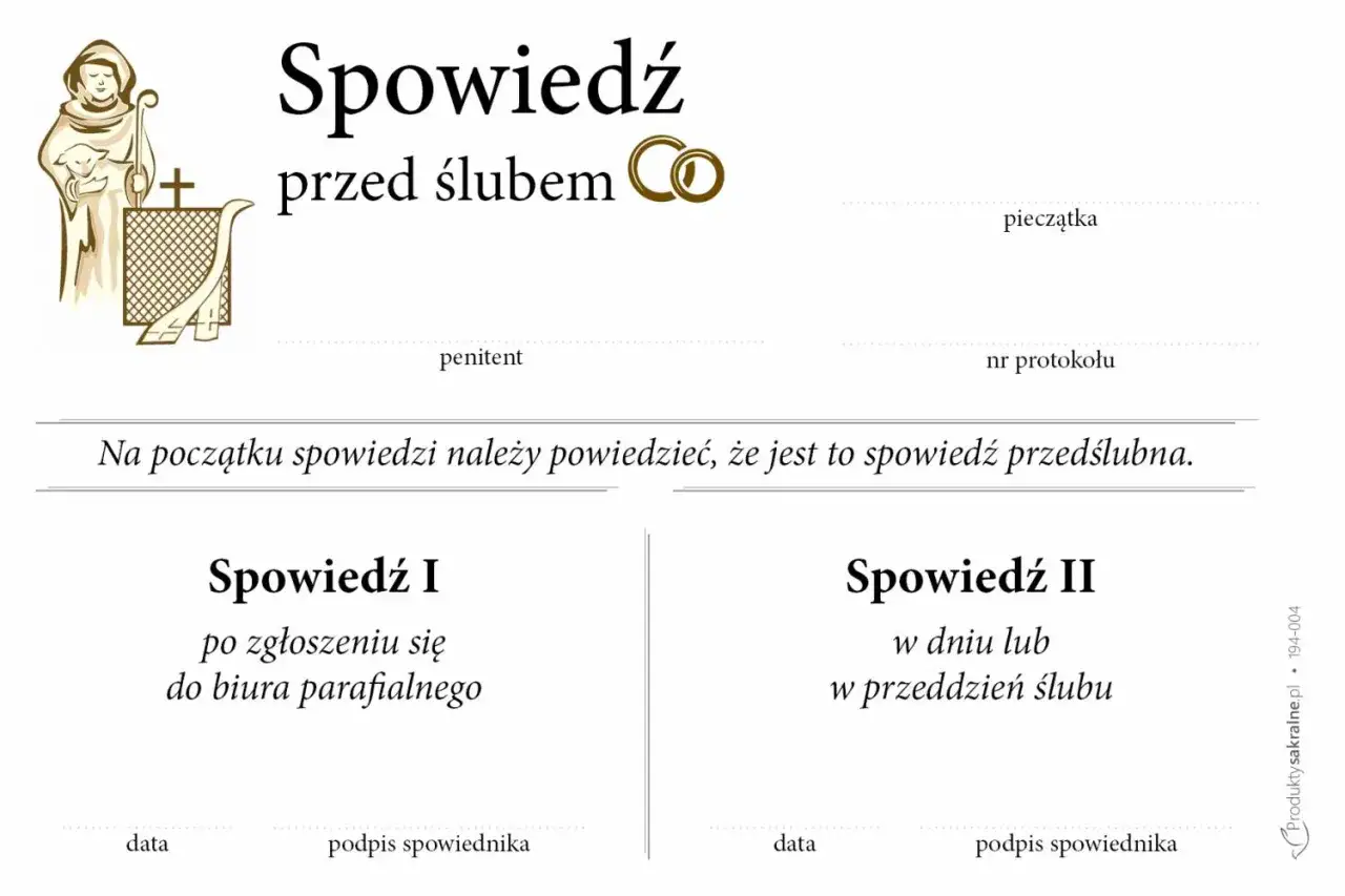 Kartka do spowiedzi przedślubnej z miejscem na dane penitenta, pieczątkę i podpisy. Dwie sekcje: Spowiedź I i Spowiedź II.